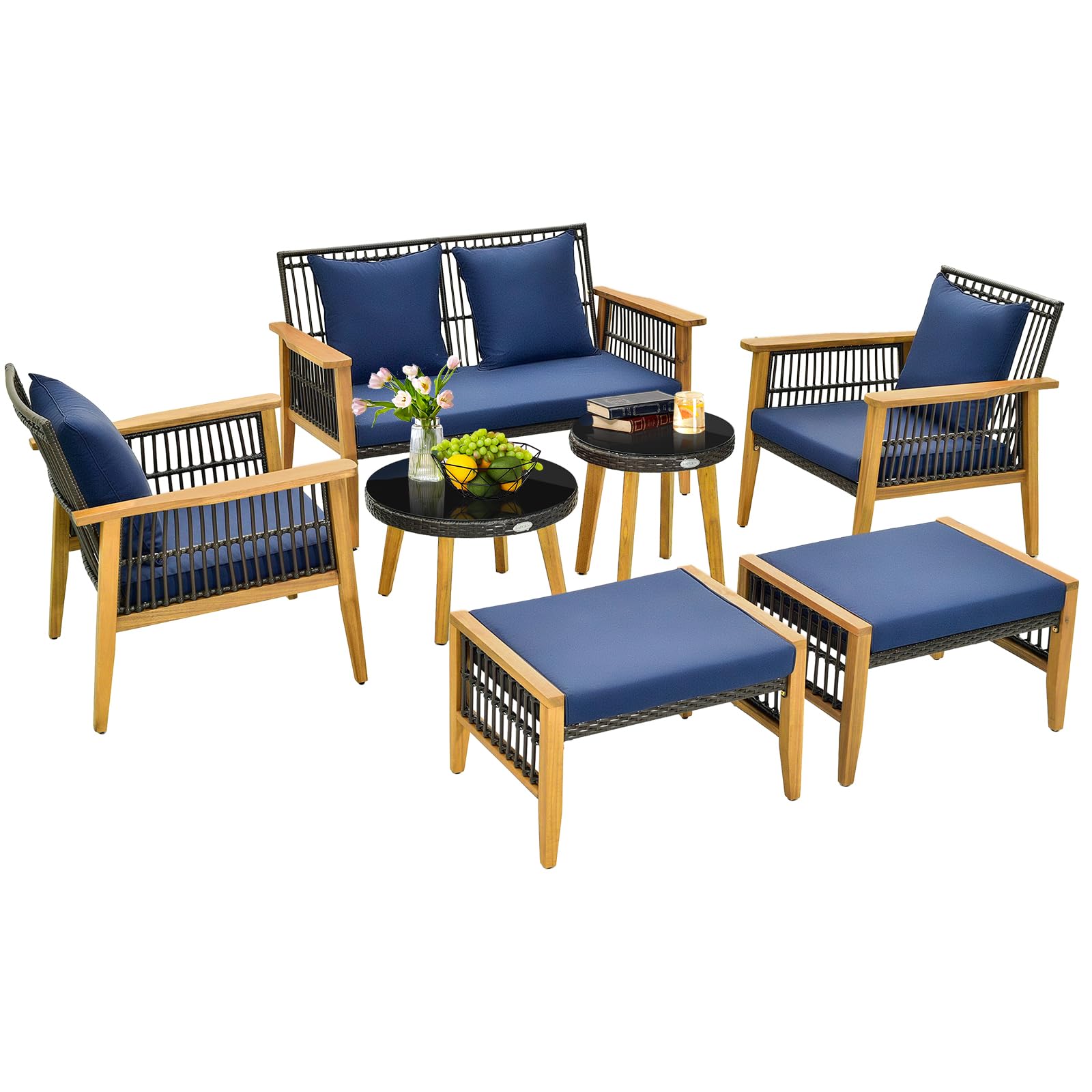 Ensemble de conversation d'extérieur 7 pièces Tangkula, ensemble de chaises en rotin Patiojoy avec 2 tables basses et 2 poufs